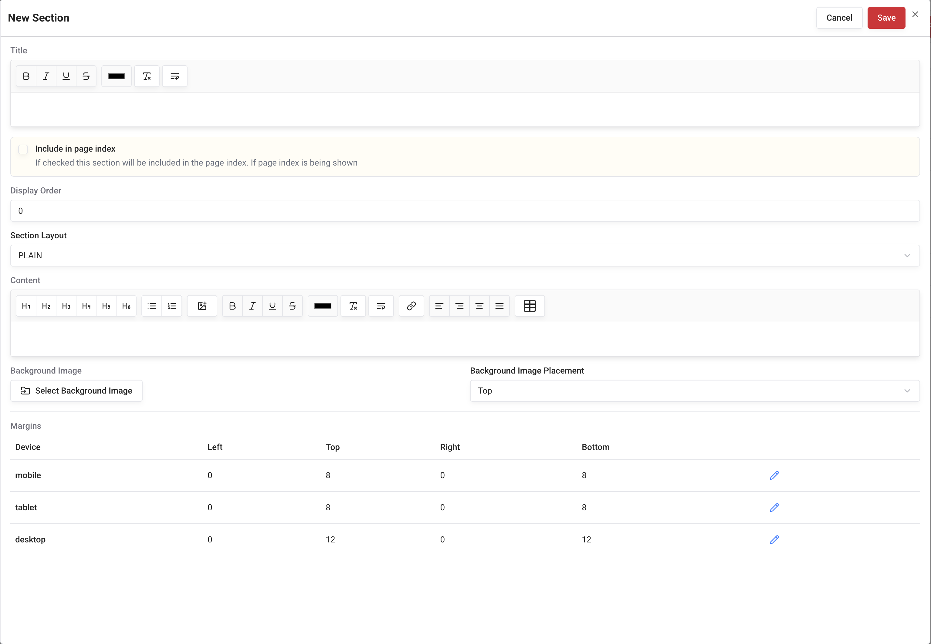 Page Section Editor Page Section Editor