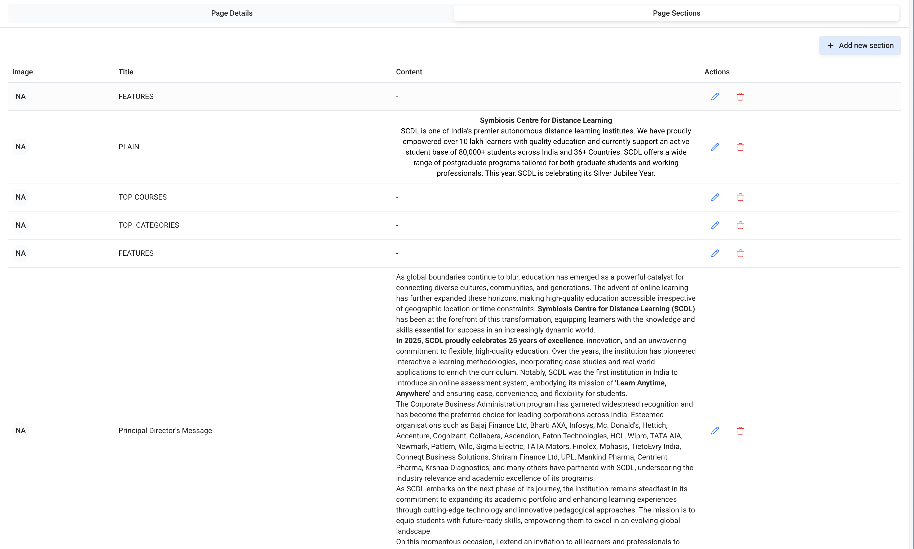 Page Sections View Page Sections View